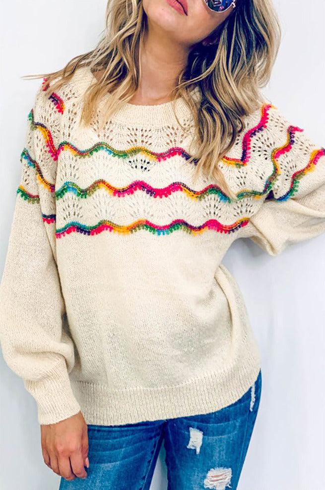 Rainbow Textured Back Tie Detail Knit Pullover Sweater - Pullovers - BellanBlue