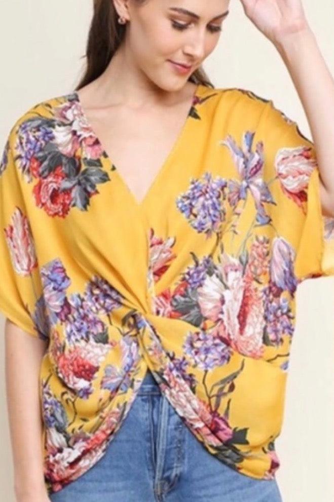 Reversible Floral Dolman Sleeve V-Neck Top with Gathered Knot - Shirts & Tops - BellanBlue