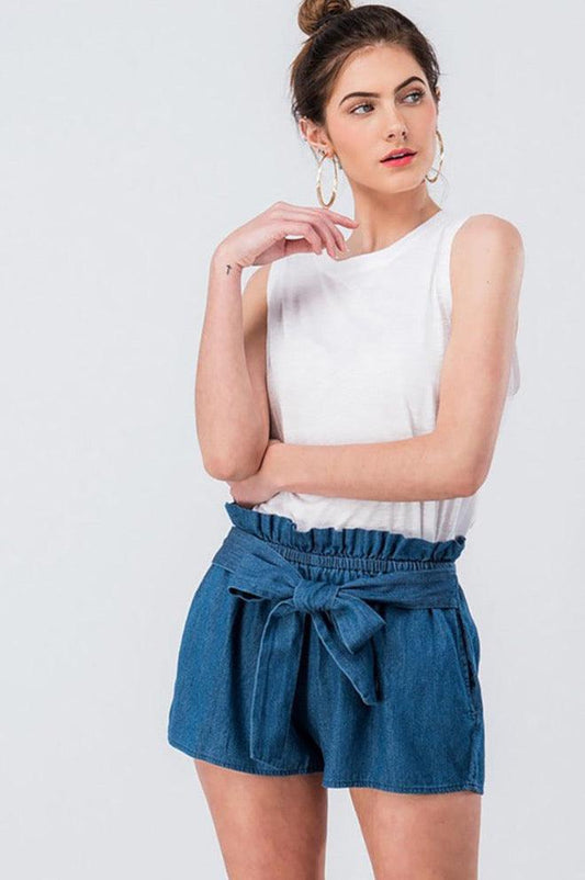 Ruffle Shorts with Waist Ribbon Belt Detail - Pants - BellanBlue