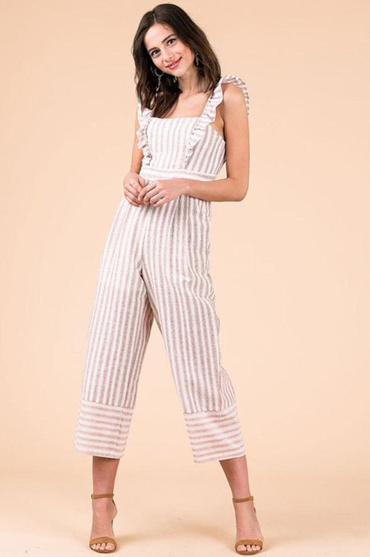 Ruffle Shoulder Straps Striped Capri Jumpsuit - Jumpsuits & Rompers - BellanBlue