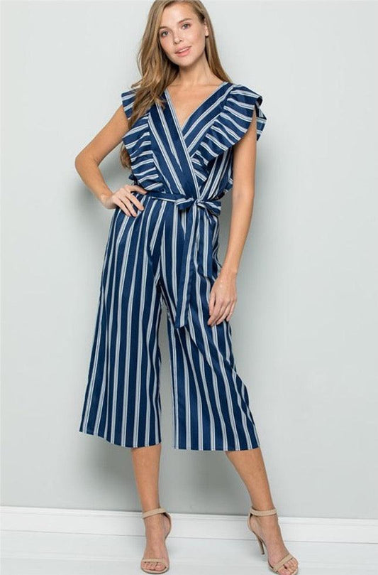 Ruffled Cap Sleeves Stripe Jumpsuits - Jumpsuits & Rompers - BellanBlue