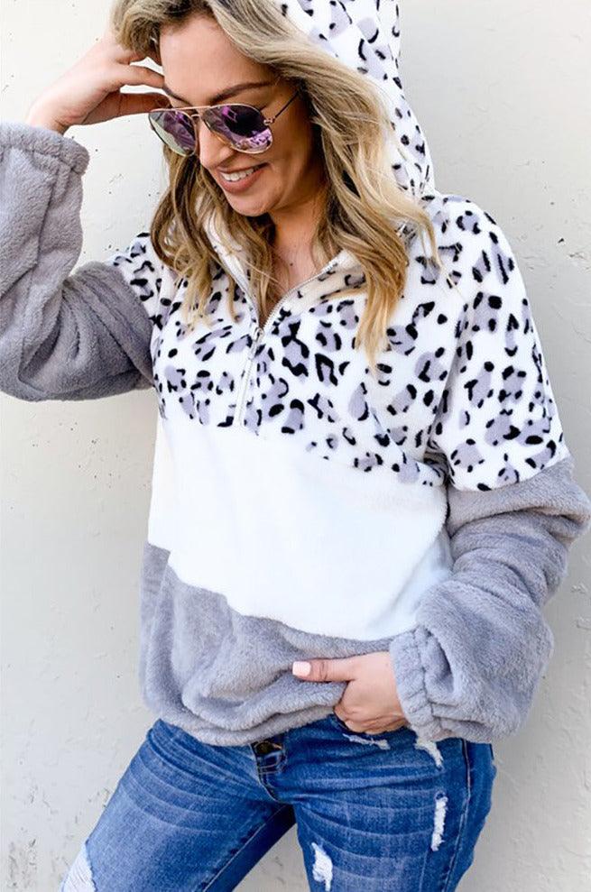 Sherpa Half-Zip Leopard Printed Color Block Hoodie - Pullovers - BellanBlue