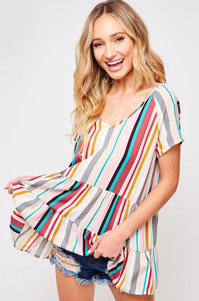 Short Sleeve Striped 2-Tier Gathered Peplum Top - Dresses - BellanBlue