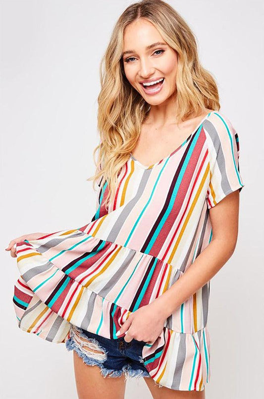Short Sleeve Striped 2-Tier Gathered Peplum Top - Dresses - BellanBlue