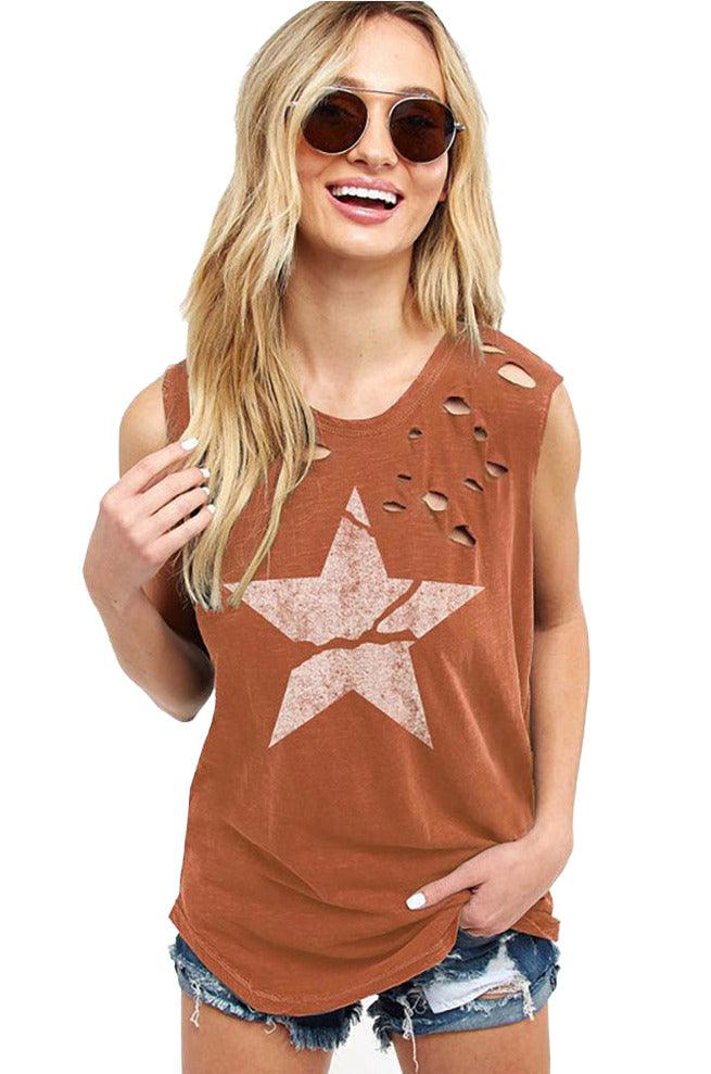 Sleeveless Distressed Crack Star Graphic Tank Top - Shirts & Tops - BellanBlue