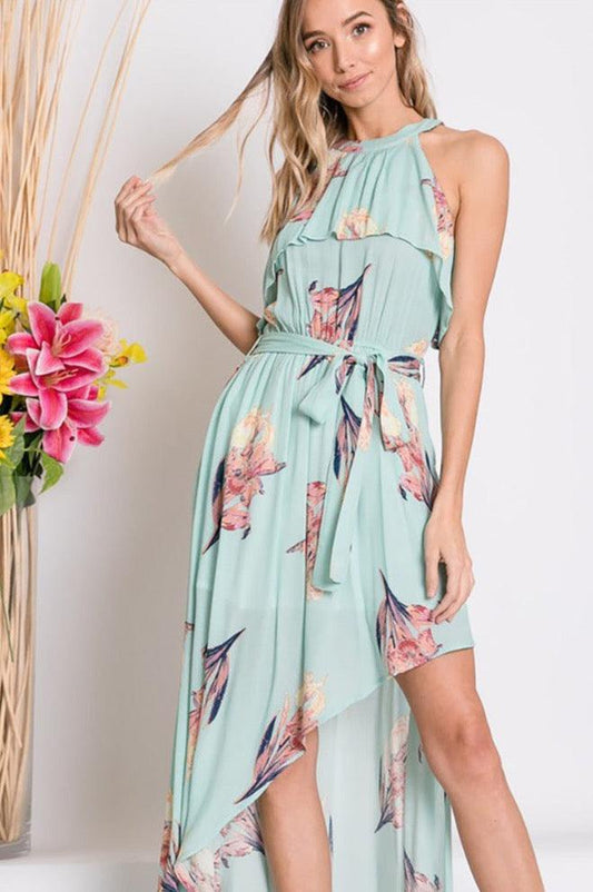 Sleeveless Floral Ruffled Bib Maxi Dress - Dresses - BellanBlue