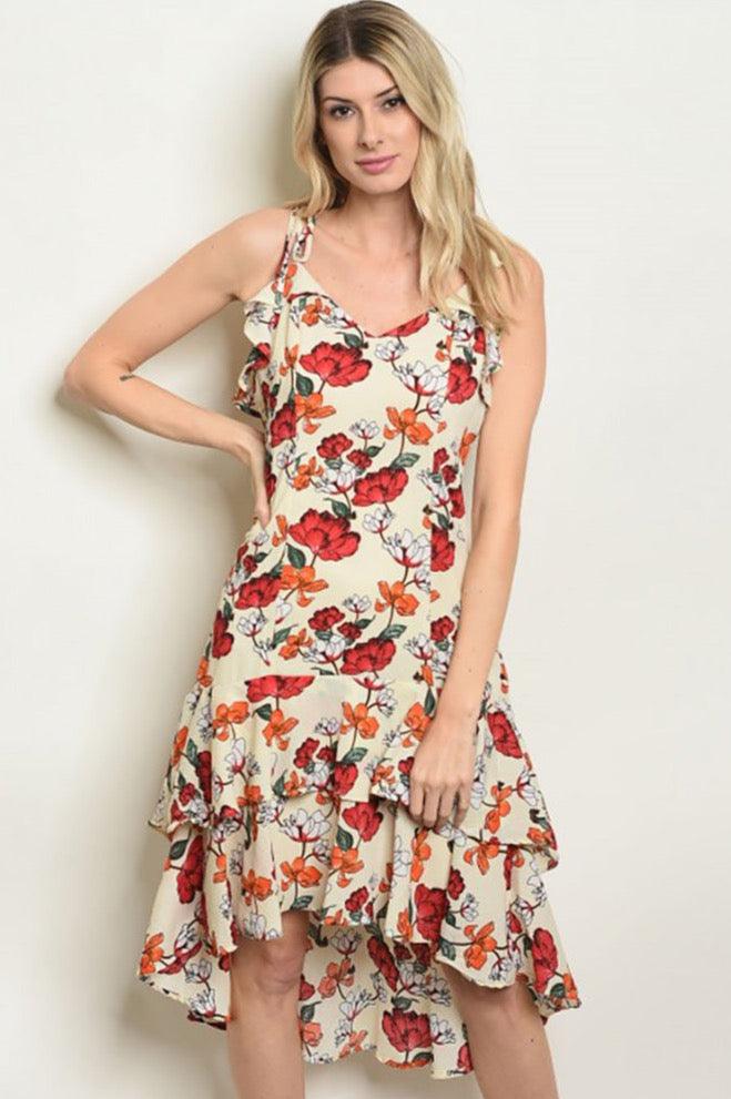 Sleeveless V-Neck Floral Ruffled Dress - Dresses - BellanBlue