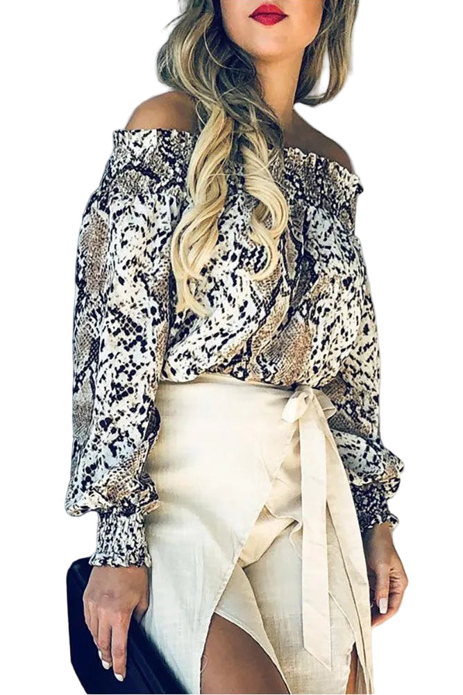 Snake Skin Smocking Off Shoulder Top - Shirts & Tops - BellanBlue