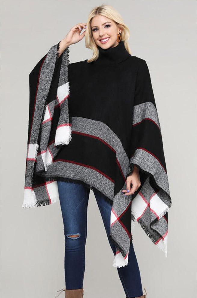 Soft and Silky Plaid Turtleneck Casual Tunics Pullover Poncho - Shirts & Tops - BellanBlue