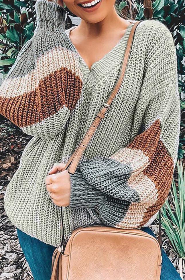 Strip Color Block Sleeve V-Neck Knit Pullover Sweater - Pullovers - BellanBlue