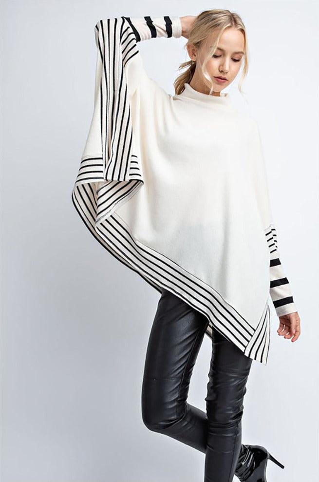 Strip Solid Miru Mock Neck Poncho Top - Shirts & Tops - BellanBlue