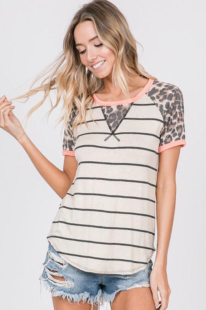 Stripe Leapard Raglan Sleeve Top - Shirts & Tops - BellanBlue