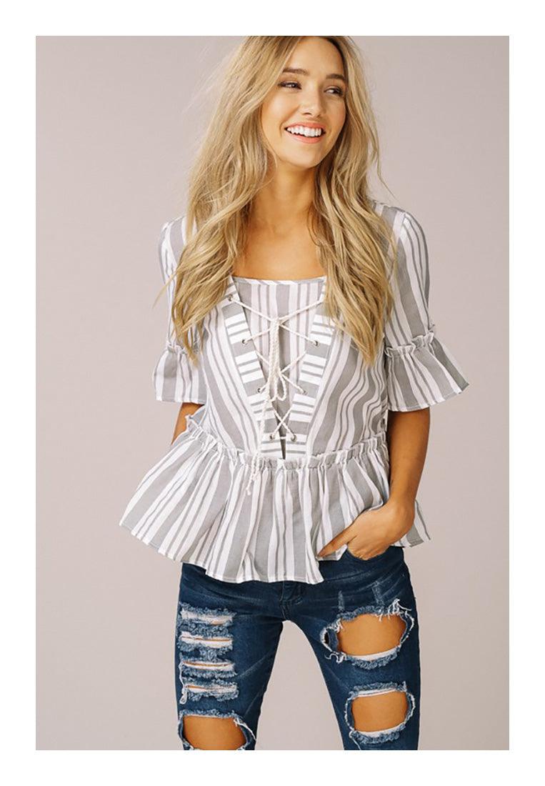 Striped Ruffled Lace Up Woven Top - Shirts & Tops - BellanBlue