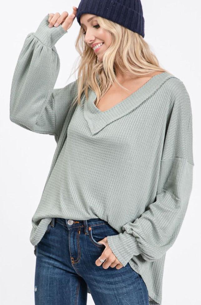 Thermal Waffle V-Neck Top with Puff Sleeves - Shirts & Tops - BellanBlue