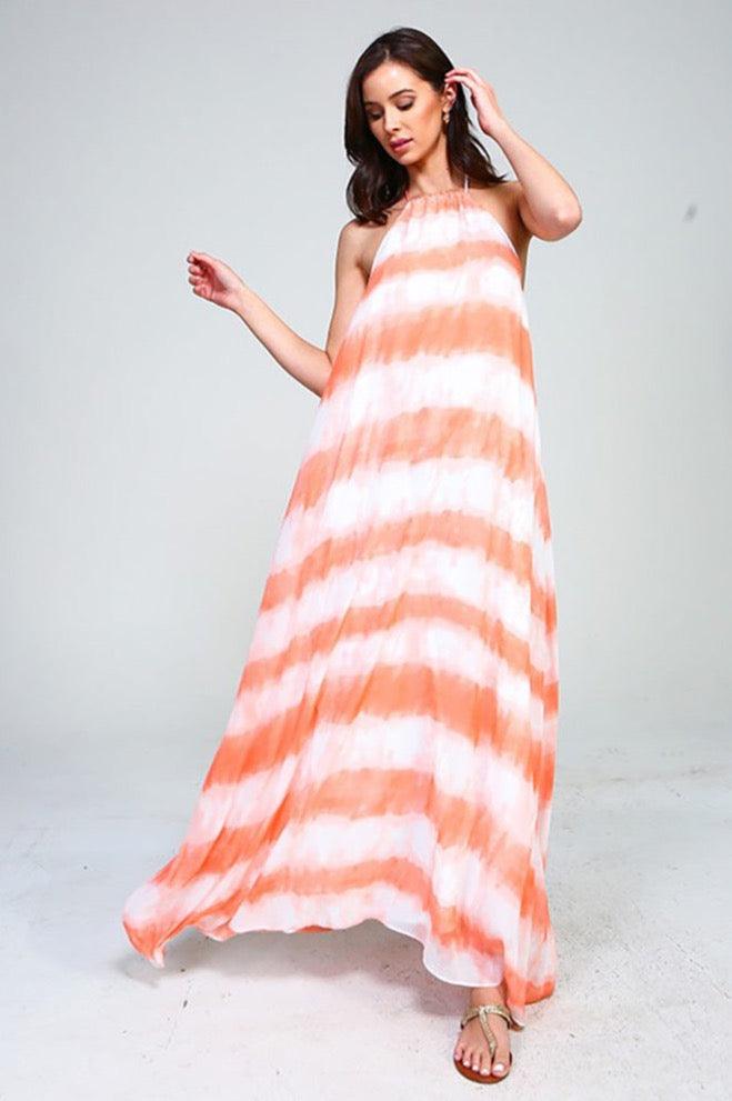 Tie Dye Printed Halter Neck Maxi Dress - Dresses - BellanBlue