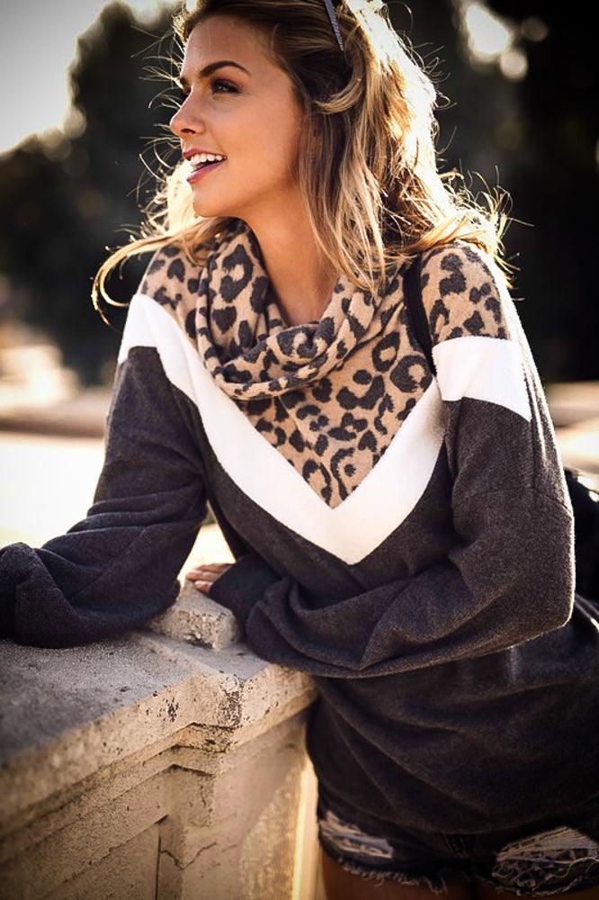 Turtle Neck Leopard Brushed Pullover Sweater - Pullovers - BellanBlue