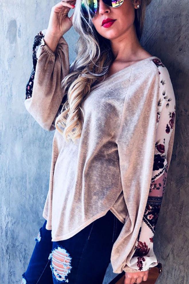 V-Neck Floral Sleeve Casual Top - Shirts & Tops - BellanBlue