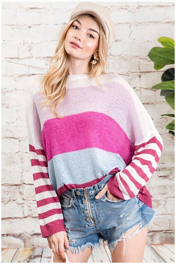 Vivid Bold Stripe Colorblock Sweater Top - Pullovers - BellanBlue
