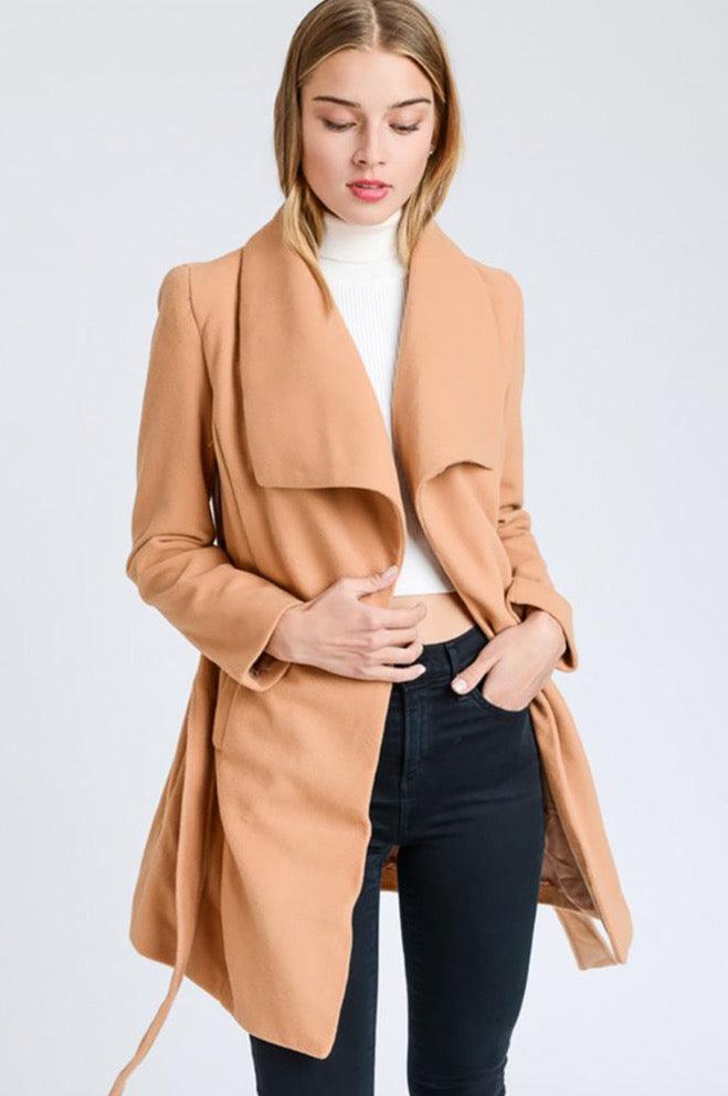 Wide Collar Waist Tie Long Coat - Coats & Jackets - BellanBlue