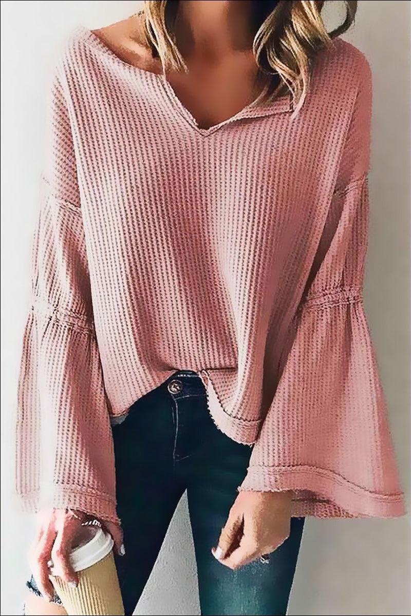 Women Bell Sleeve Thermos V-Neck Top - Shirts & Tops - BellanBlue