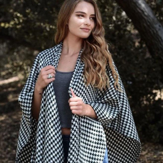 Women Black and White Plaid Houndstooth Ruana Wrap - Shirts & Tops - BellanBlue