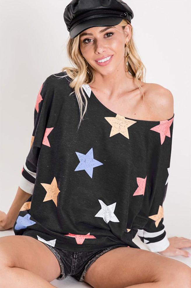Women Black Star Sweater Top - Shirts & Tops - BellanBlue