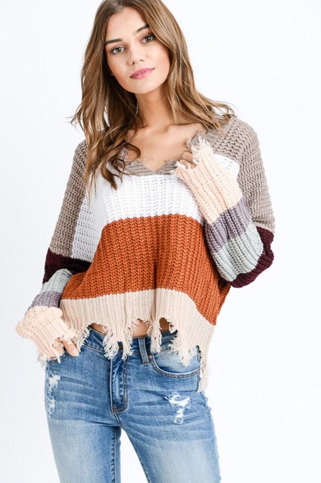 Women Distressed Multi Color Block Sweater - Pullovers - BellanBlue