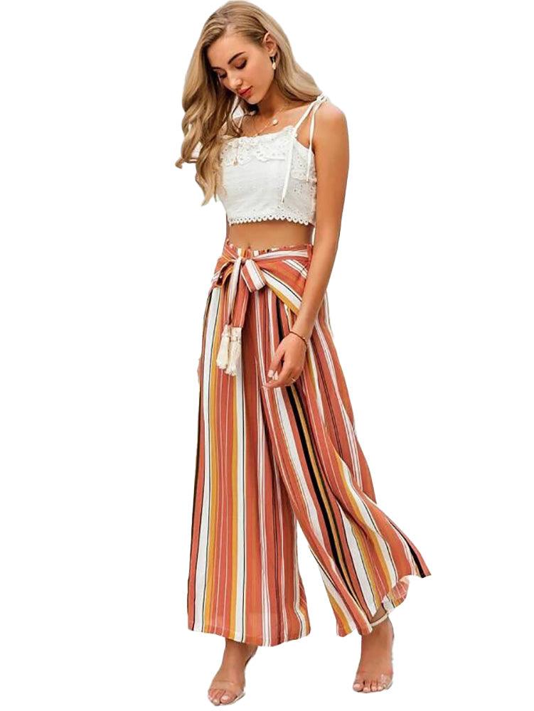 Women Fringe Belted Wide Leg Striped Pants - Pants - BellanBlue