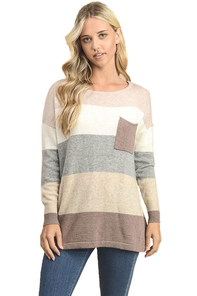 Women Long Sleeve Color Block Pullover Sweater - Pullovers - BellanBlue