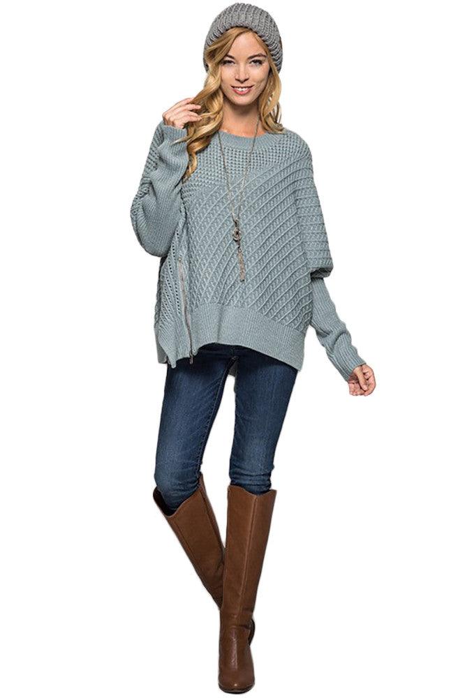 Women Long Sleeve Oversized Sweater With Front Zipper Detail - Pullovers - BellanBlue