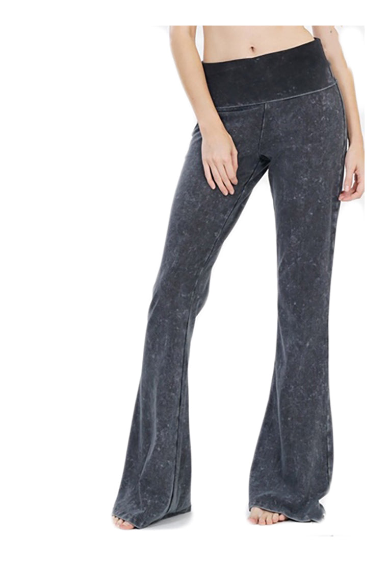 Women Mineral Washed Fold over Waist Flare Yoga Pants - Pants - BellanBlue