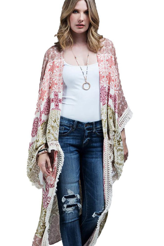 Women Patchwork Print Kimono with Angel Split Sleeves - Cardigans - BellanBlue