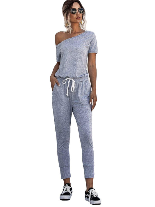 Women's Asymmetric Neck Drawstring Waist Jumpsuit - Jumpsuits & Rompers - BellanBlue