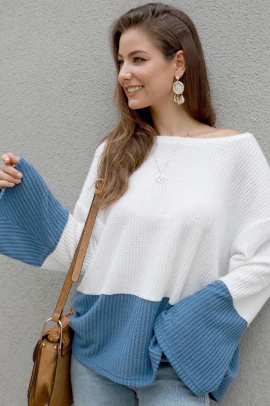 Women's Bell Sleeve Cold Shoulder Long Sleeve Two Tone Sweater - Shirts & Tops - BellanBlue