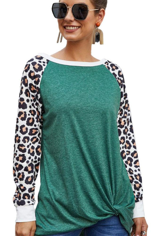 Women's Boat Neck Top with Raglan Leopard Long Sleeves - Shirts & Tops - BellanBlue
