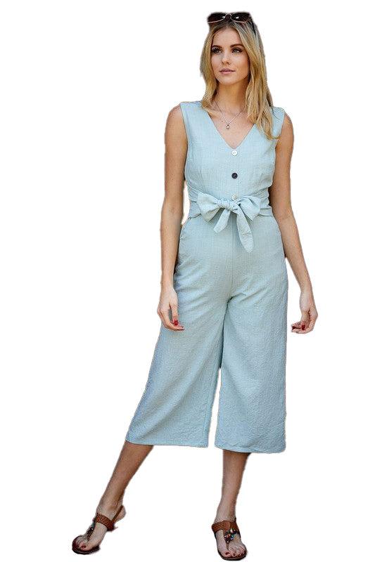 Women's Button-Down Sleeveless Wide Leg Jumpsuit - Jumpsuits & Rompers - BellanBlue