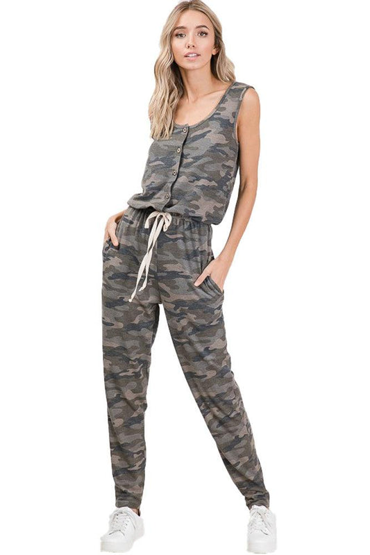 Women's Camo Print Sleeveless Tank Top-Style Tie-Waist Jumpsuit - Jumpsuits & Rompers - BellanBlue