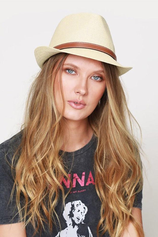 Women's Classic Fedora with Brown Leather Belted Accent - Hats - BellanBlue