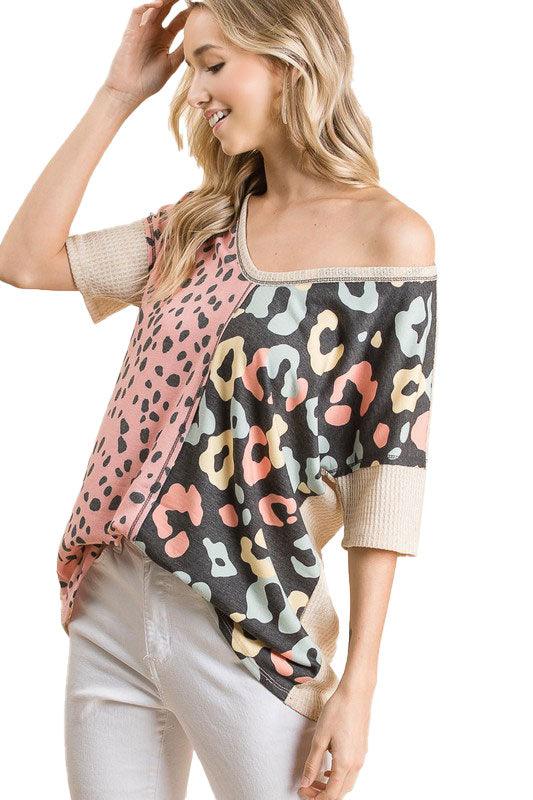 Women's Colorful Leopard Thermal Waffle Off-Shoulder Top - Shirts & Tops - BellanBlue