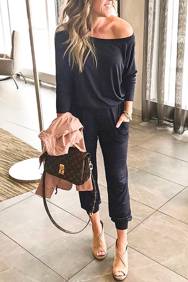Women's Comfy Slanted Black Shoulder Loose Fit Jumpsuit - Jumpsuits - BellanBlue