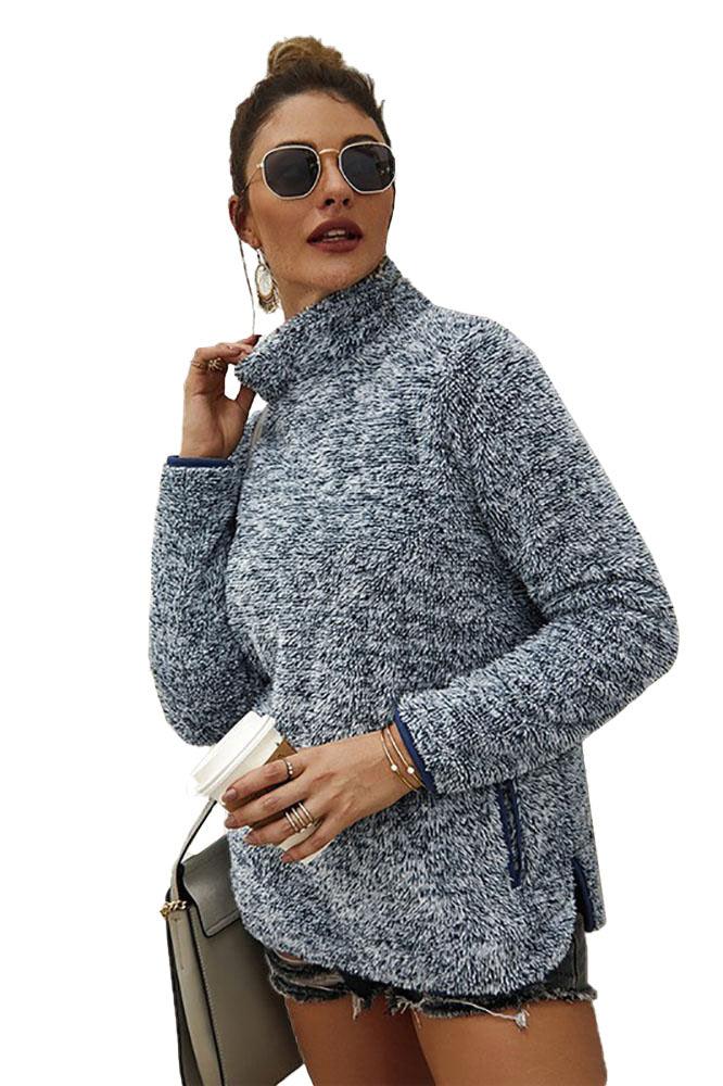 Women's Cozy Heather High Neckline Pullover Pocket Sweater - Pullovers - BellanBlue