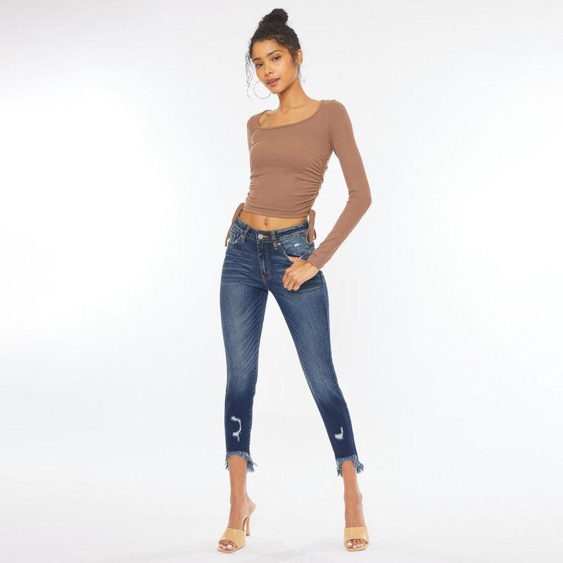 Women's Dark Blue High-Rise Hem Detail Ankle Skinny Jeans - Jeans - BellanBlue