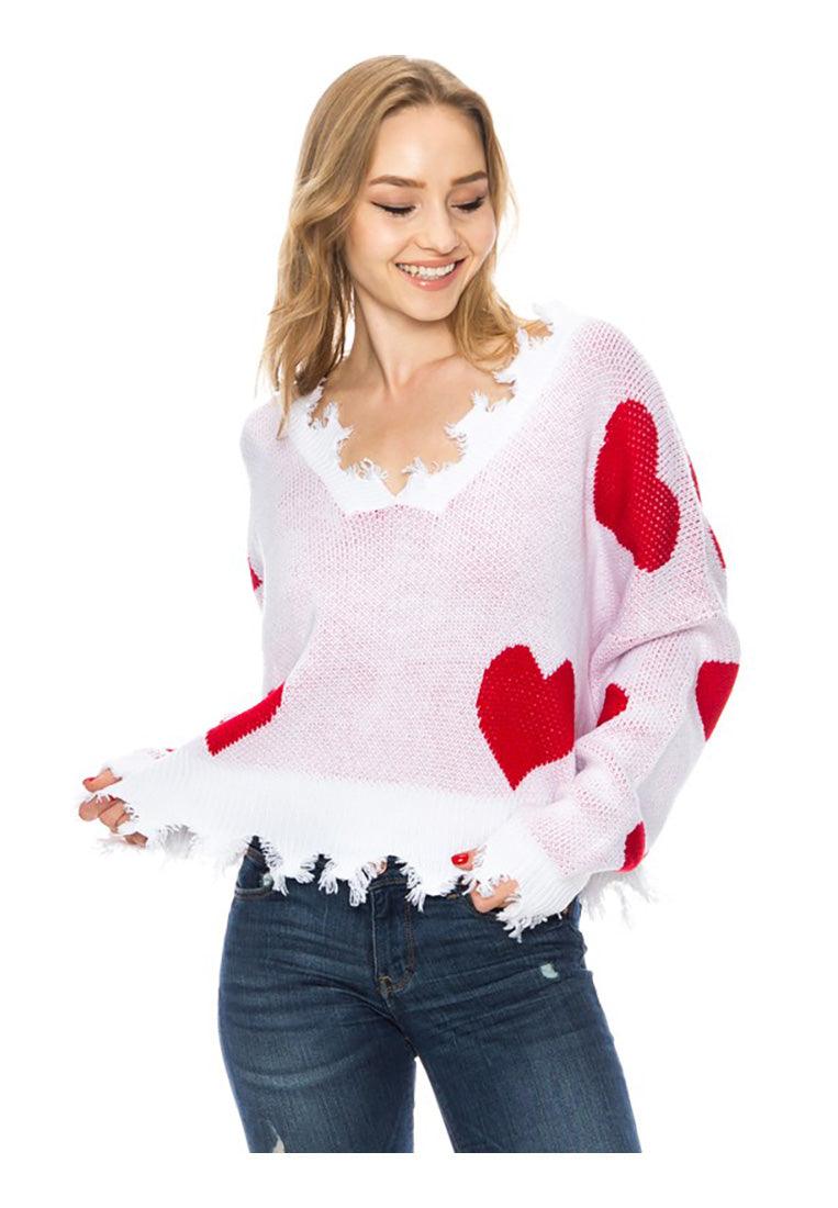 Women's Distressed Hearts V-Neck Pullover Sweater - Pullovers - BellanBlue