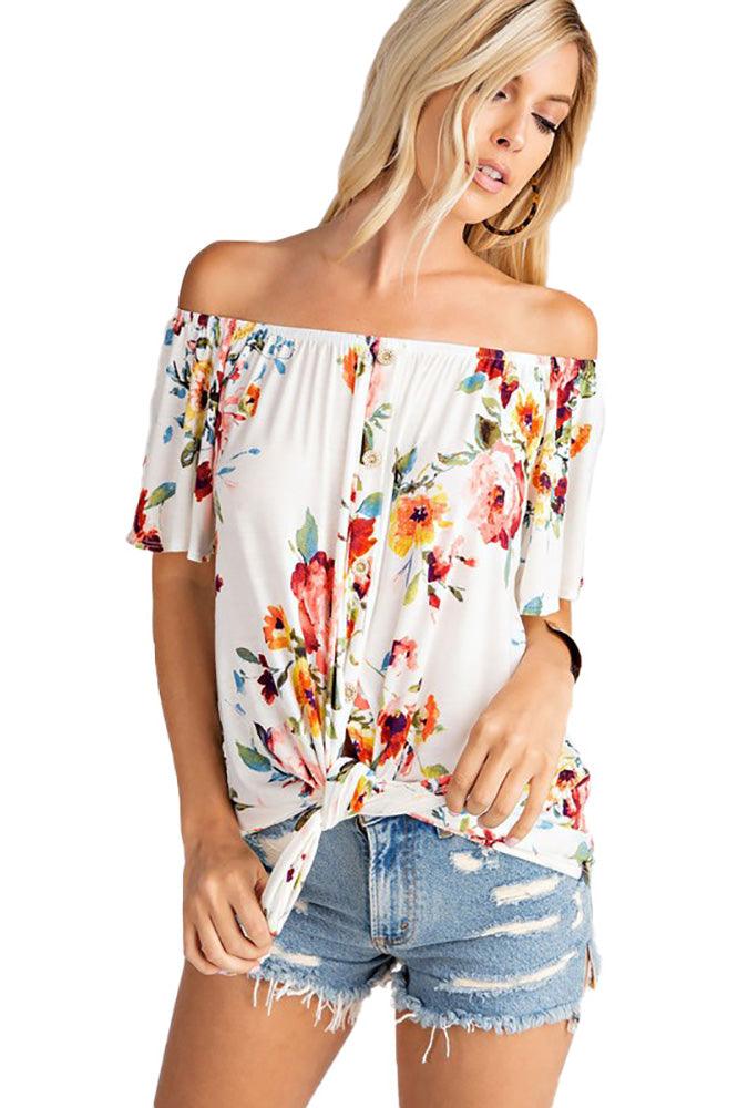 Women's Floral Off Shoulder Tie Waist Boho Short Sleeves Top - Shirts & Tops - BellanBlue