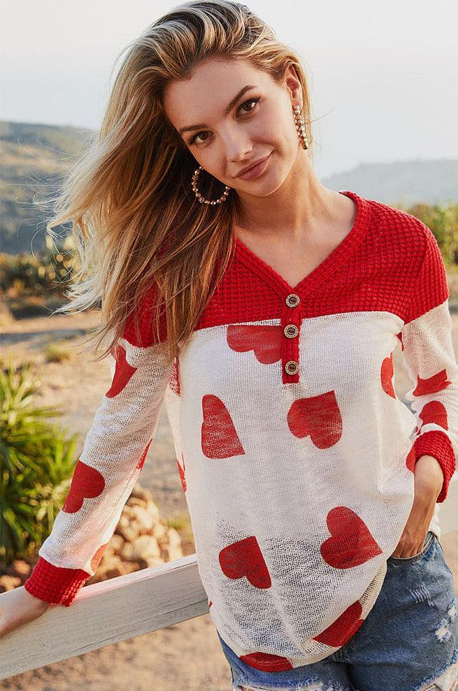 Women's Heart Light Gauge Knit Button Top - Pullovers - BellanBlue