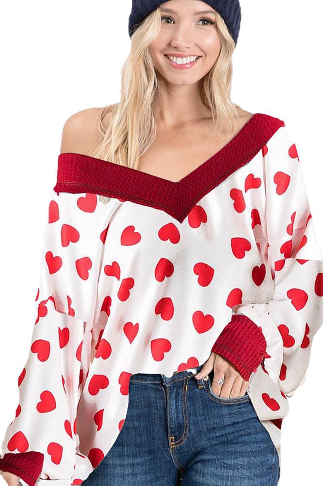 Women's Heart V-Neck Top with Puff Sleeves - Pullovers - BellanBlue