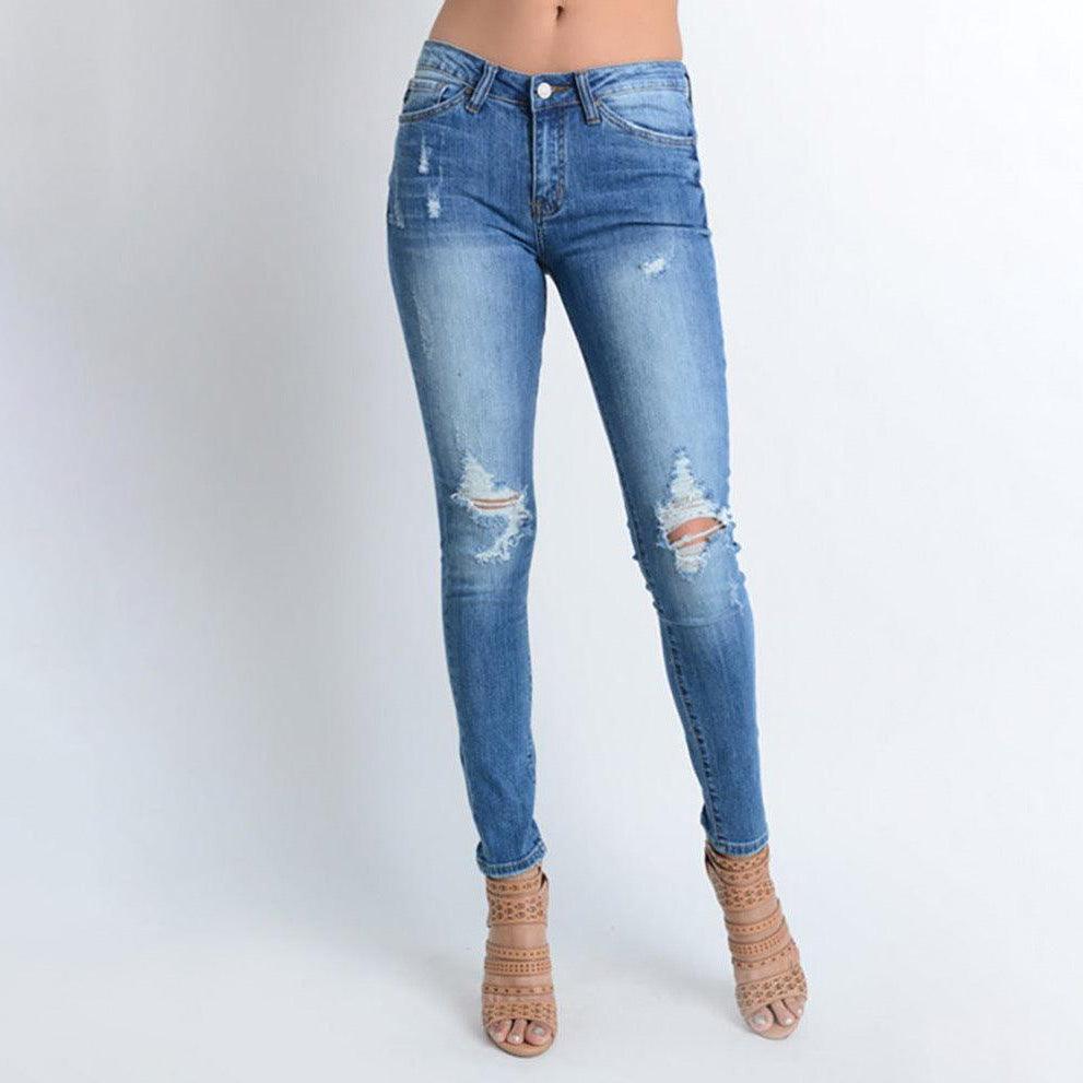 Women's Light Blue Distressed Skinny Denim Jeans - Jeans - BellanBlue