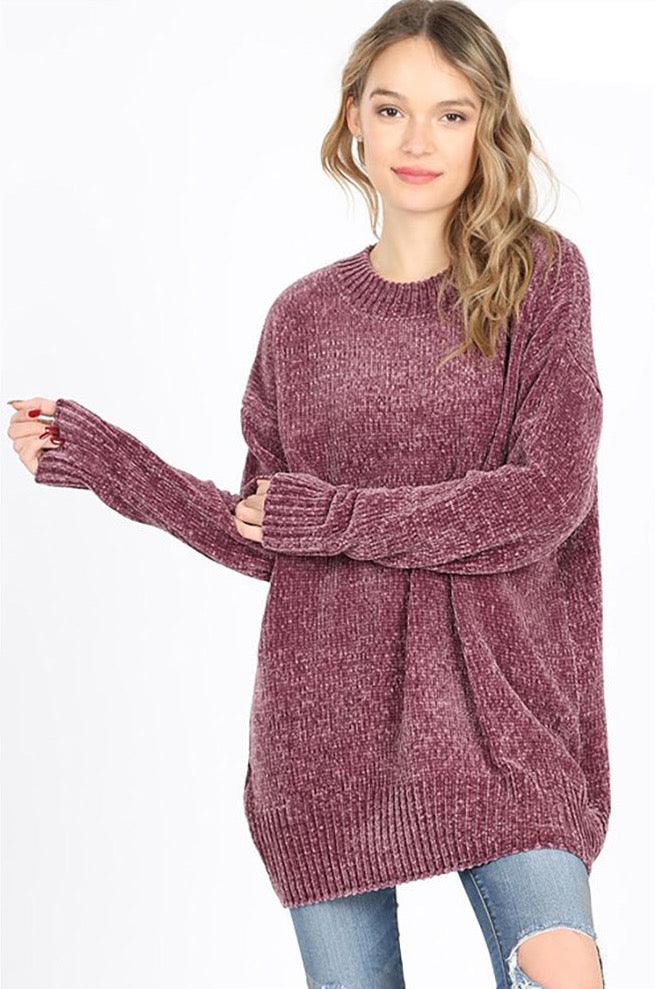 Women's Long Sleeve Round Neck Velvet Yarn Sweater - Pullovers - BellanBlue