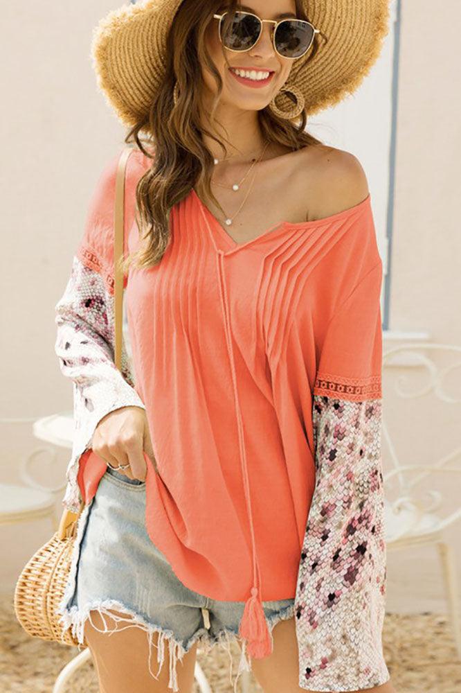 Women's Loose V-Neck Lace Detail Snake Print Bell Sleeve Top - Shirts & Tops - BellanBlue