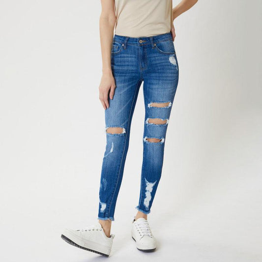 Experience all-day comfort and style in these Mid-Rise Ankle Skinny Jeans. Crafted from a high-quality cotton blend, these ultra-stretchy jeans fit like a dream and hug your curves.